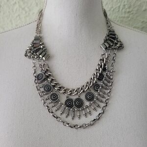 Bib Necklace Silver Statement Boho Fringe Festival Vintage 60s 70s 80s 90s